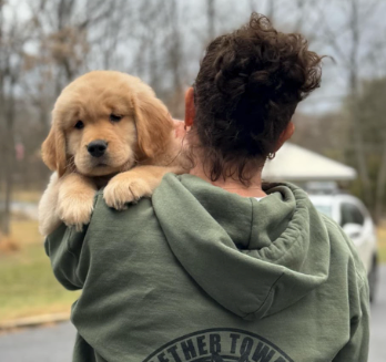 Veteran holding yellow lab puppy
